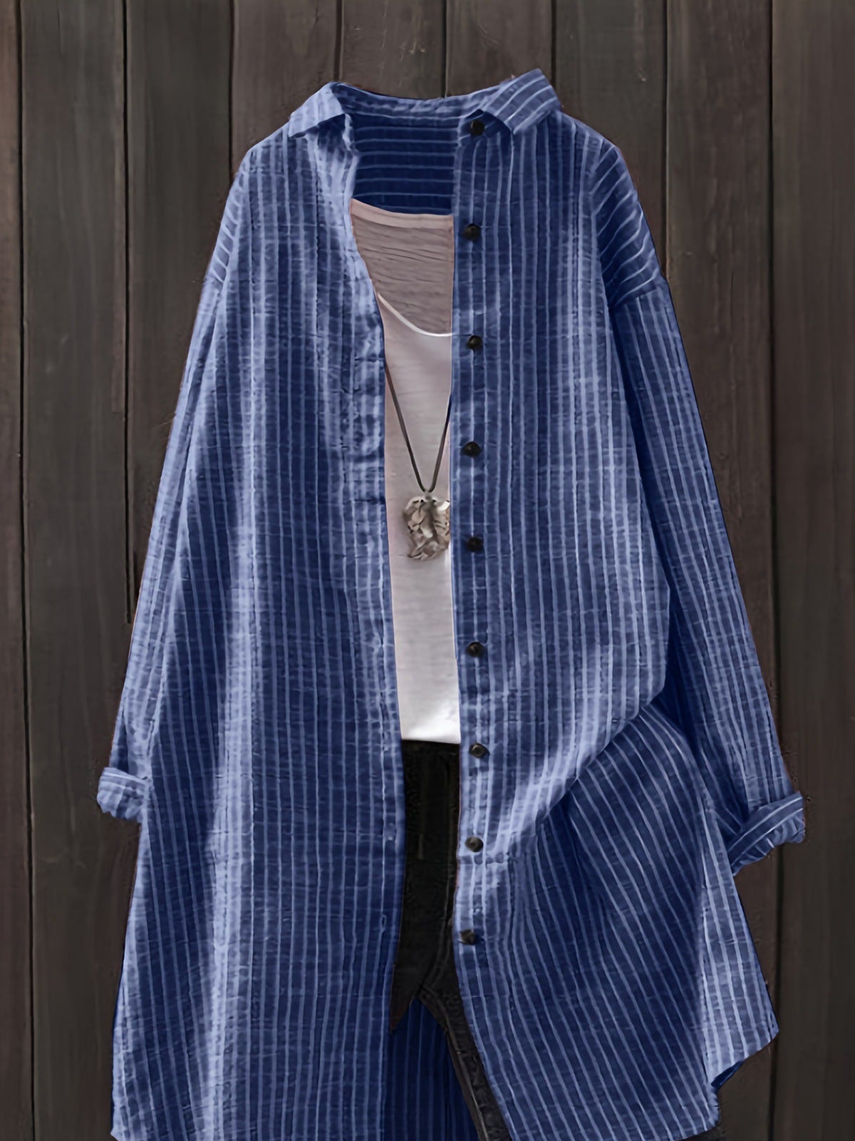 Women's Oversized Striped Cotton Linen Long Sleeve Shirt