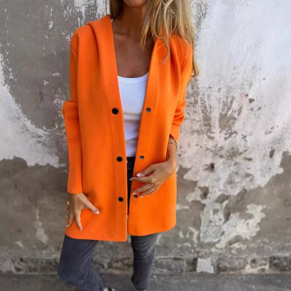 Women's Hooded Coat Button Front Mid Length Casual