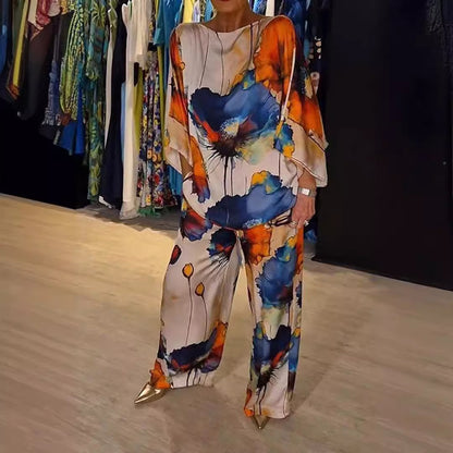 Women's Satin Floral Batwing Wide Leg Pants Set
