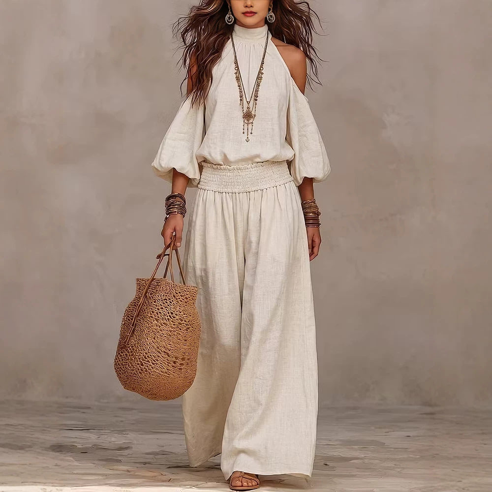 Women Cold Shoulder Smocked Waist Wide Leg Pants Set