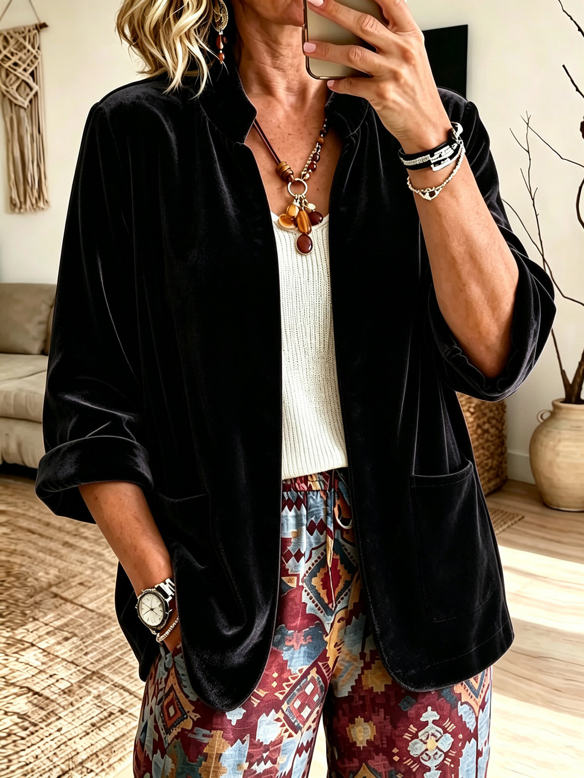 Women's Velvet Blazer Open Front Long Sleeve Pockets