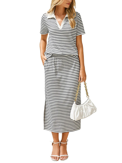 Striped Collared Top Slit Skirt Set Casual 2 Piece