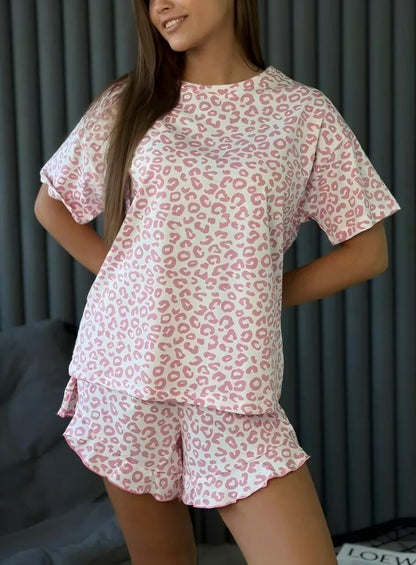 Leopard Print Pajama Set Ruffle Shorts Lounge Set