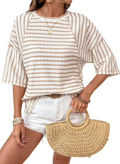 Striped Cotton Blend Tee Casual Half Sleeve Top
