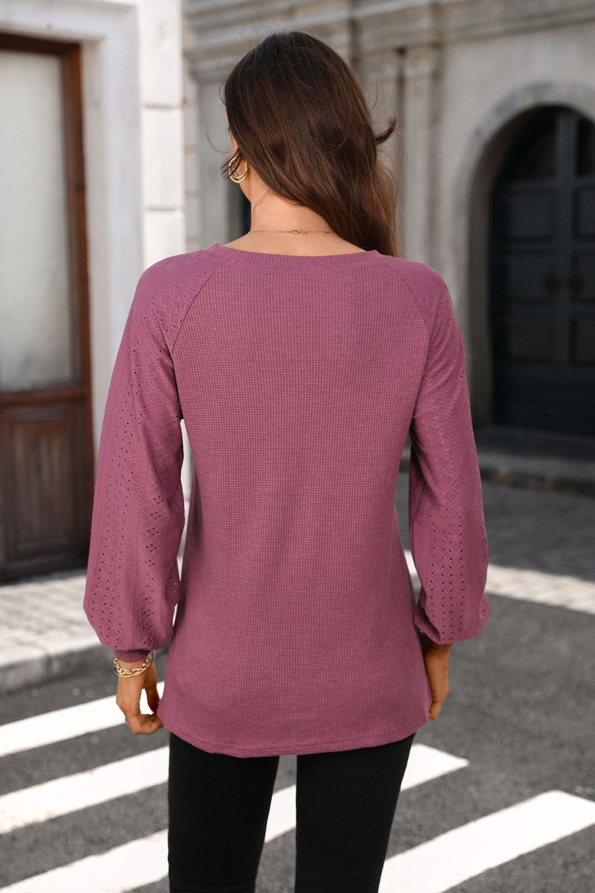 Women's Waffle Knit Raglan Eyelet Long Sleeve Top