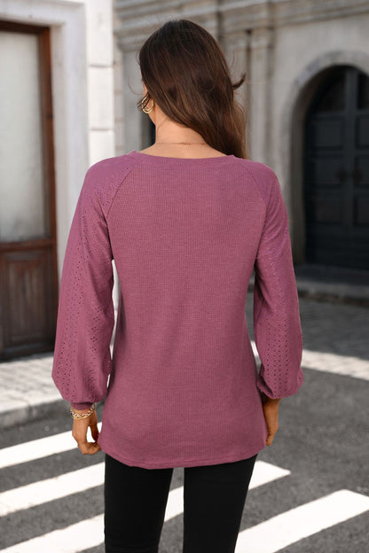 Women's Waffle Knit Raglan Eyelet Long Sleeve Top