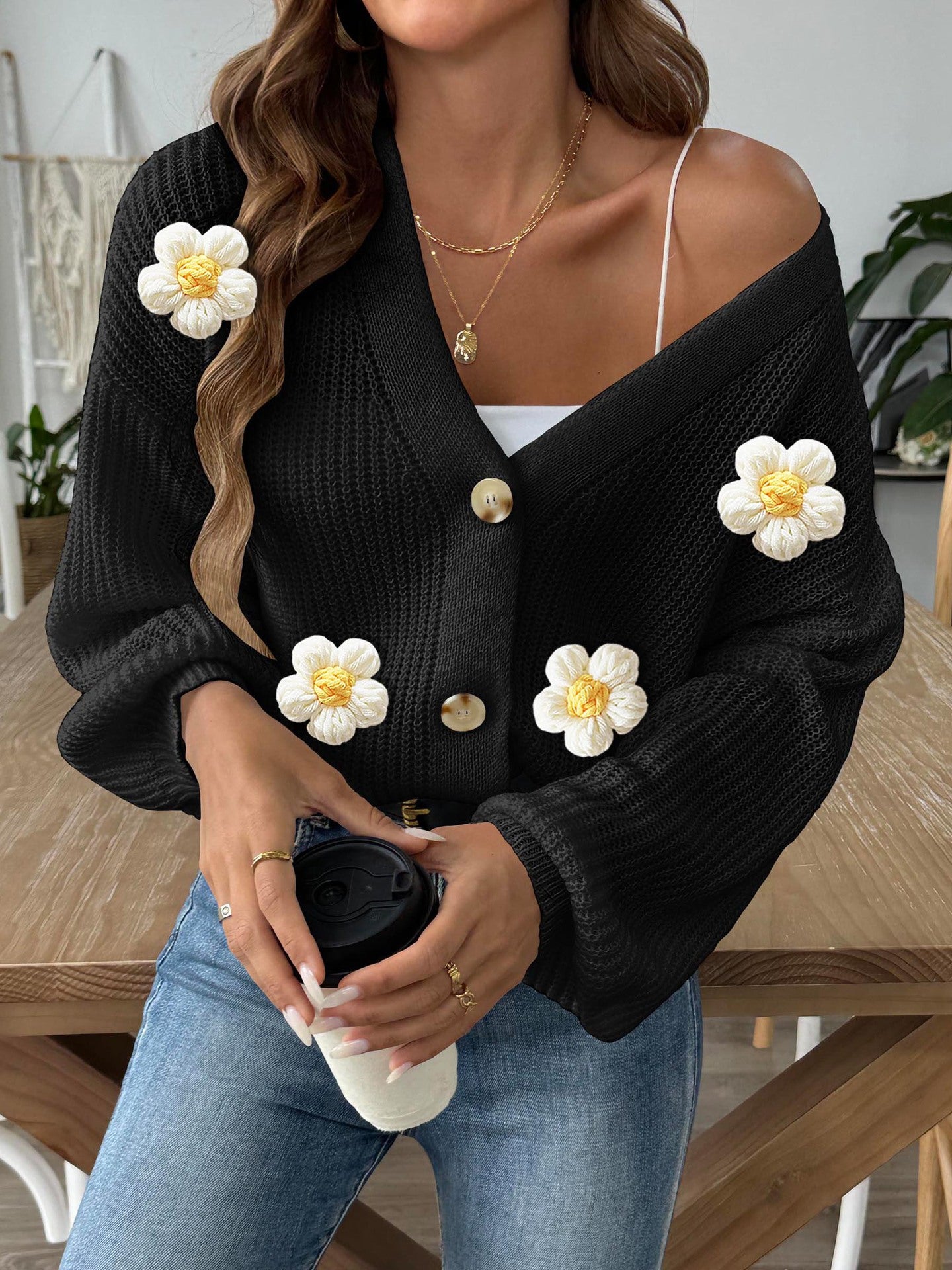 Floral Button-Up Cardigan | Cozy Crochet Trim Sweater