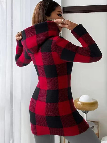 Women's Buffalo Plaid Sherpa Hooded Long Zip Jacket