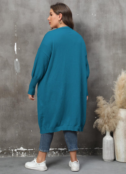 Women's Loose Medium and Long Double Pocket Lantern Sleeve Sweater Cardigan Jacket