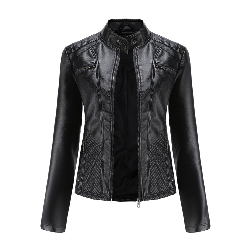 Women's Quilted Faux Leather Moto Jacket Zip Slim Fit