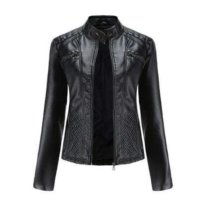 Women's Quilted Faux Leather Moto Jacket Zip Slim Fit