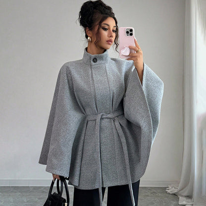 Women's Belted Cape Coat Stand Collar Wool Jacket