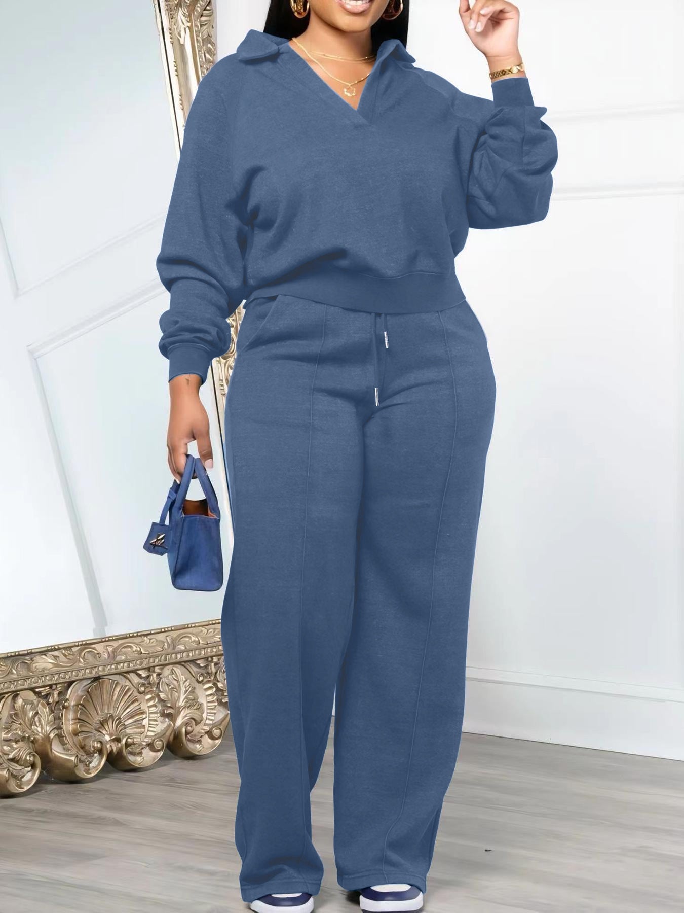 Women's Solid 2 Piece Lounge Sweatshirt Wide Leg Pants Set