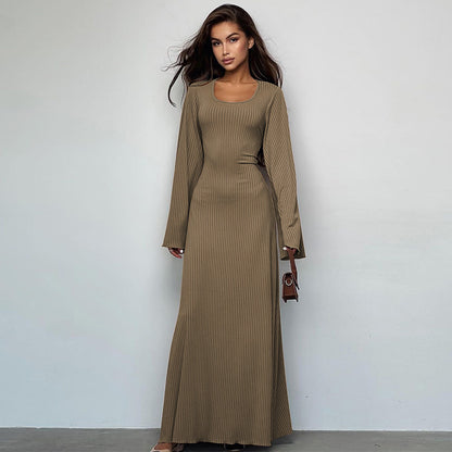 Square Neck Tie Back Long Sleeve Ribbed Maxi Dress