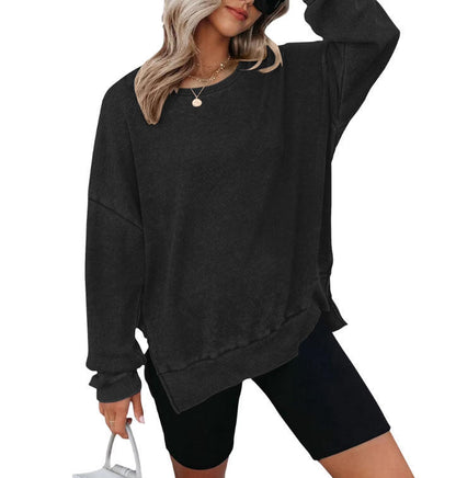 Waffle Split Hem Sweatshirt Women Casual Long Sleeve Top