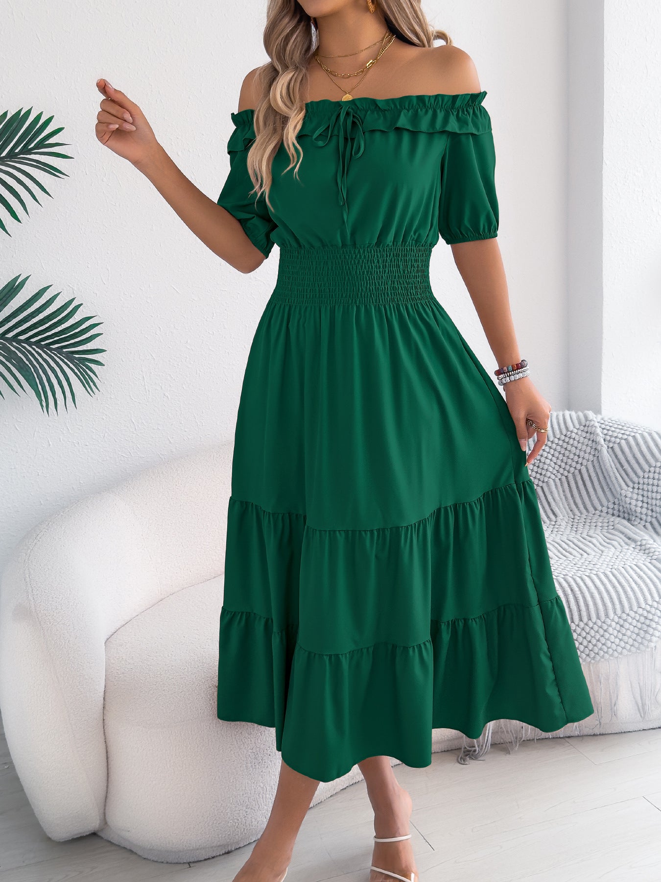 Off Shoulder Smocked Waist Maxi Dress Ruffle Sleeve