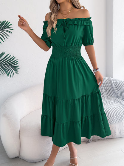 Off Shoulder Smocked Waist Maxi Dress Ruffle Sleeve