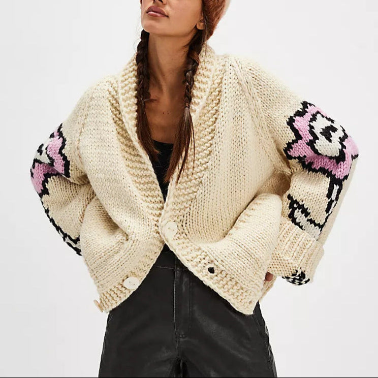 Oversized Graphic Chunky Knit Cardigan Streetwear