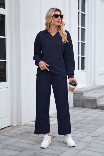 Women's Lounge Set Long Sleeve Collar Top Wide Leg Pants
