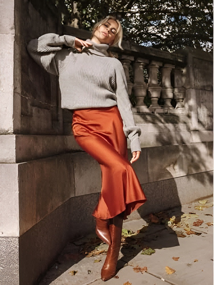 Satin Mermaid Midi Skirt High Waist Stretch Flared