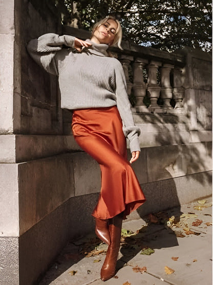 Satin Mermaid Midi Skirt High Waist Stretch Flared
