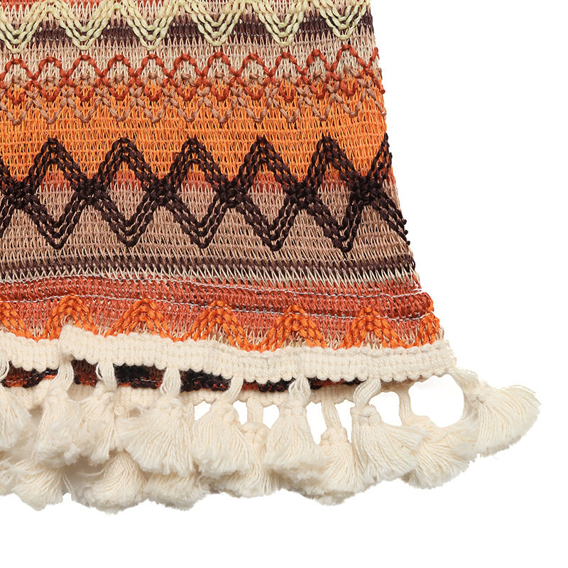 Sleeveless Tube Dress Embroidered Tassel Knit Mini Vacation