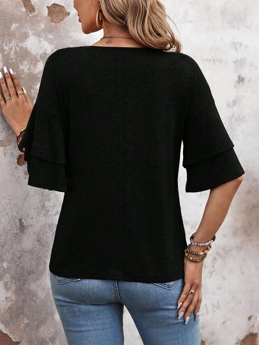 Customizable  Women's V-Neck Flutter Sleeve Top – Casual Summer T-Shirt