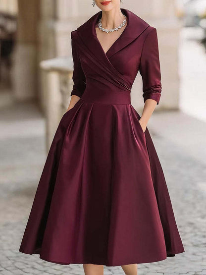 Satin Wrap Dress Long Sleeve Midi A-Line Cocktail
