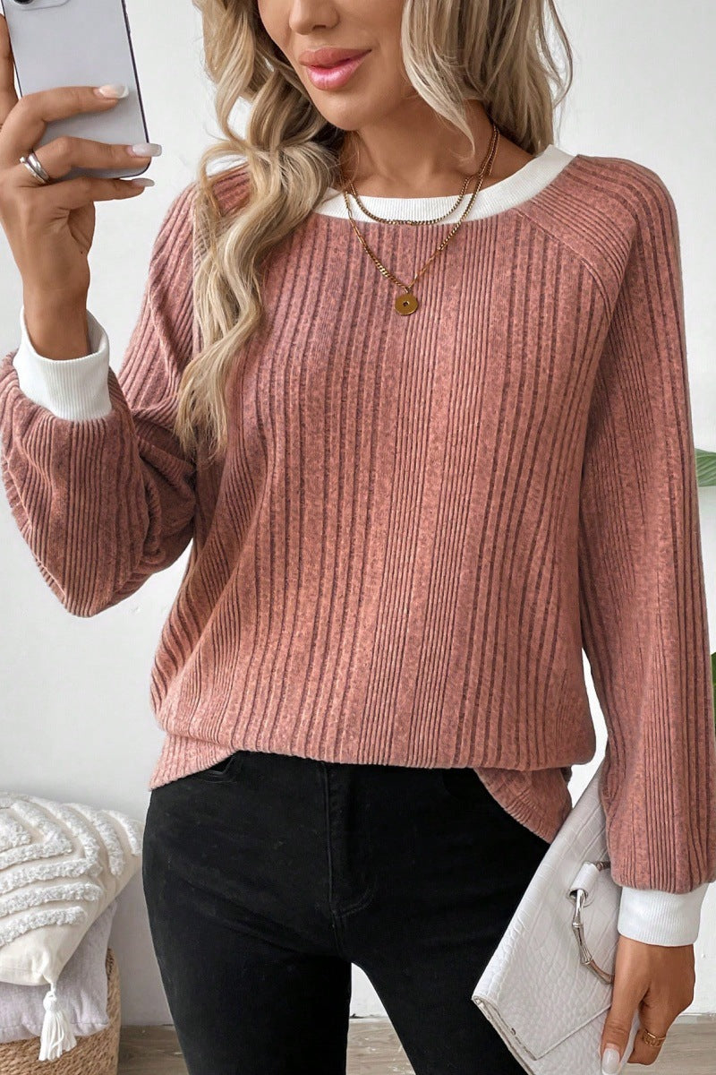 Women's Color Block Ribbed Crew Neck Long Sleeve Sweater