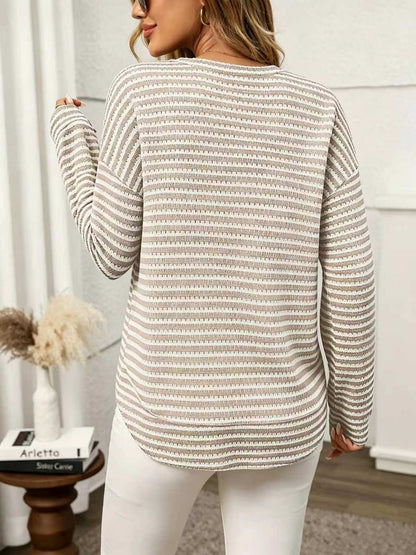 Striped waffle knit tunic top relaxed curved hem
