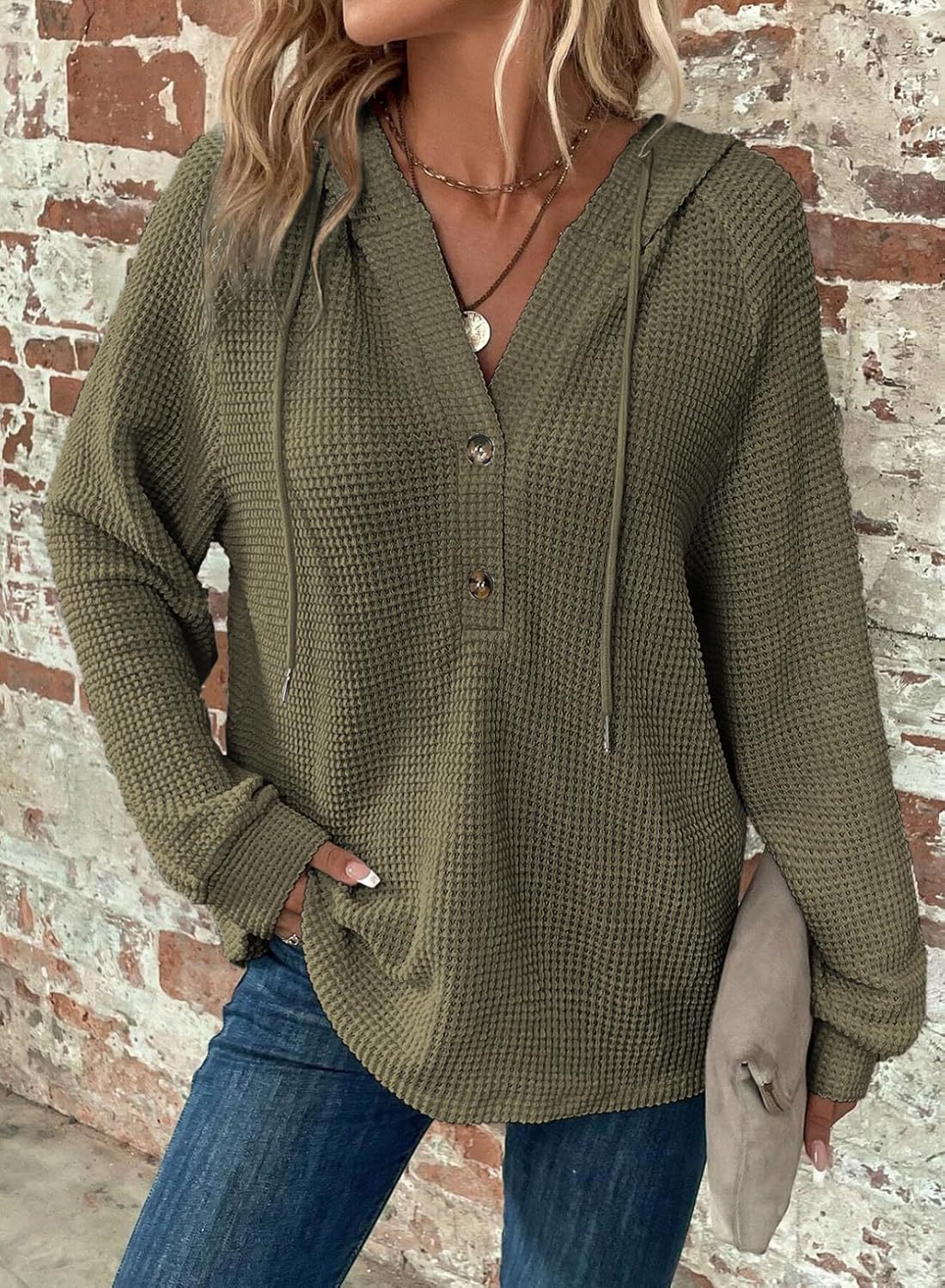 Women's Oversized Waffle Knit Hoodie V Neck Button Pullover