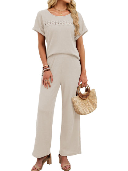 Solid Lace Trim Short Sleeve Top & Long Pants Set