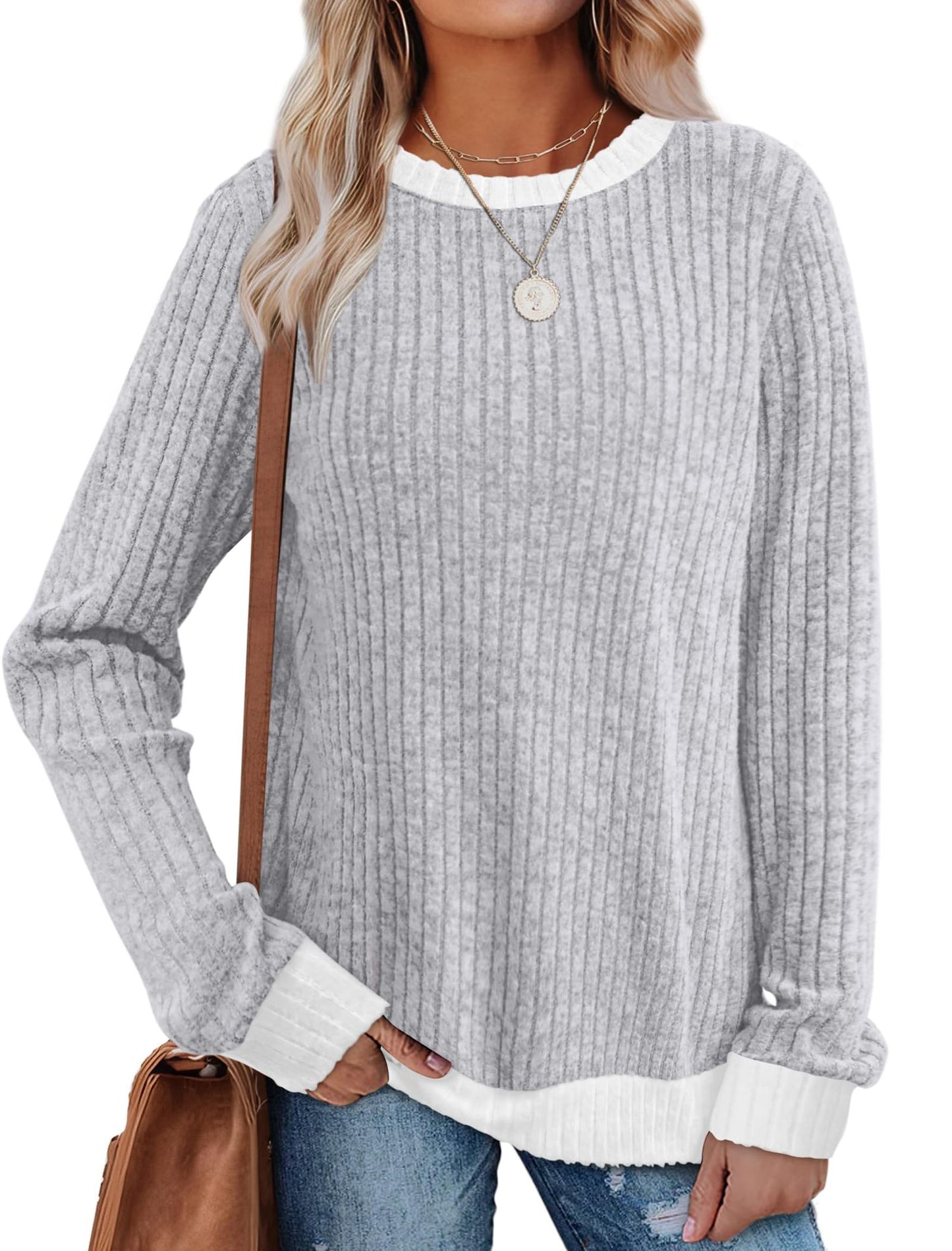 Women's Ribbed Long Sleeve Crew Neck Pullover Top