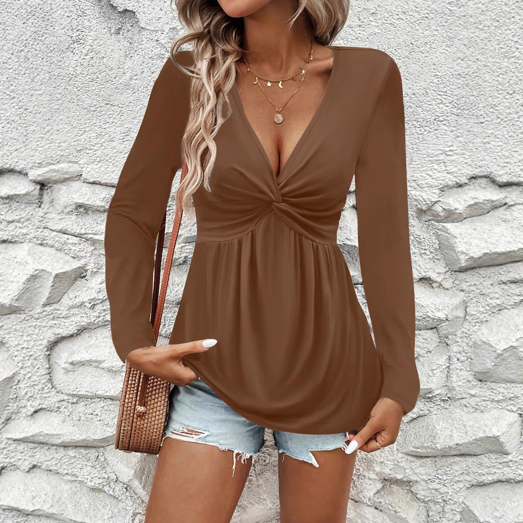 Women's Twist Front V Neck Long Sleeve Tunic Top