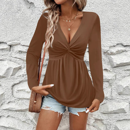 Women's Twist Front V Neck Long Sleeve Tunic Top
