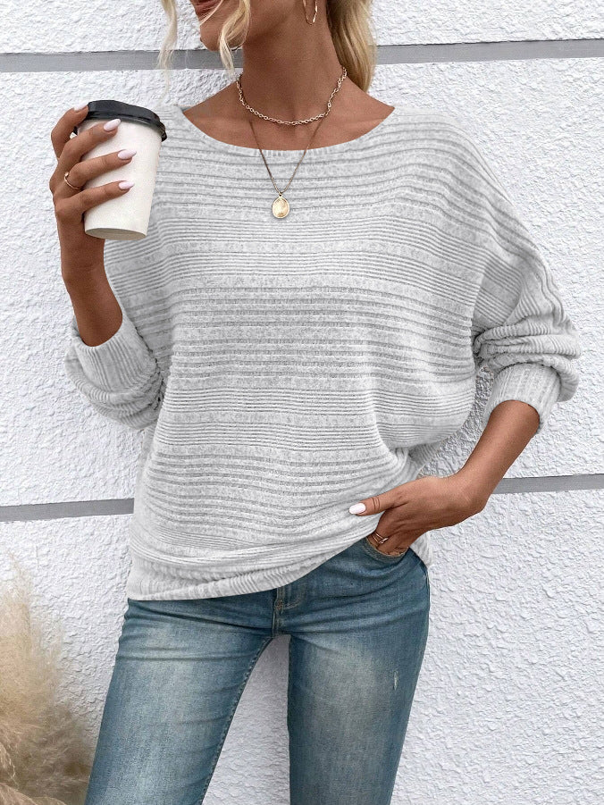 Ribbed Batwing Sleeve Sweater Top Women Casual Pullover