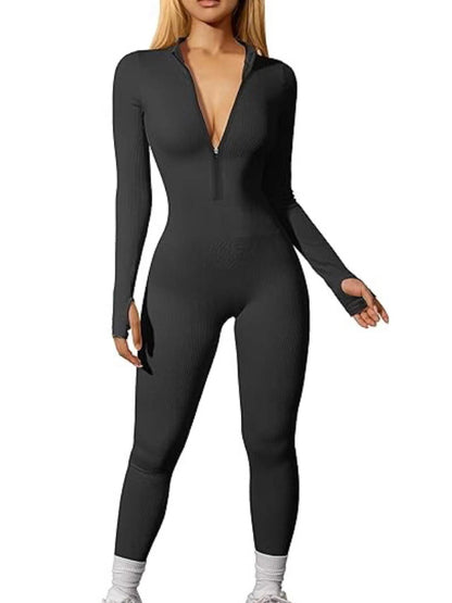 Women's Ribbed Zip Front Long Sleeve Workout Jumpsuit