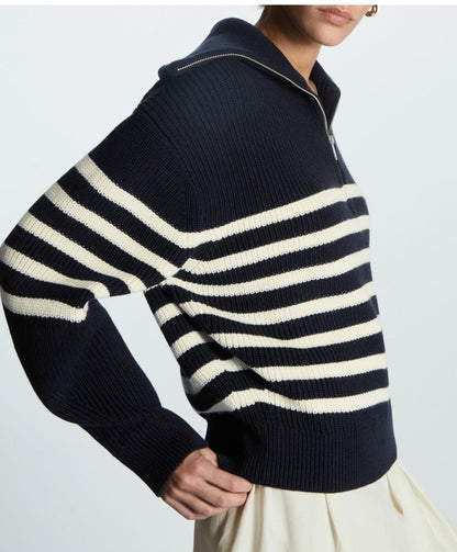 Women's Striped Half Zip Oversized Collared Sweater