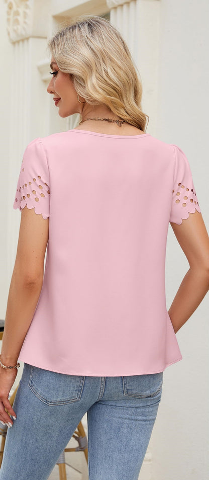 V Neck Eyelet Sleeve Chiffon Blouse Casual Summer Top