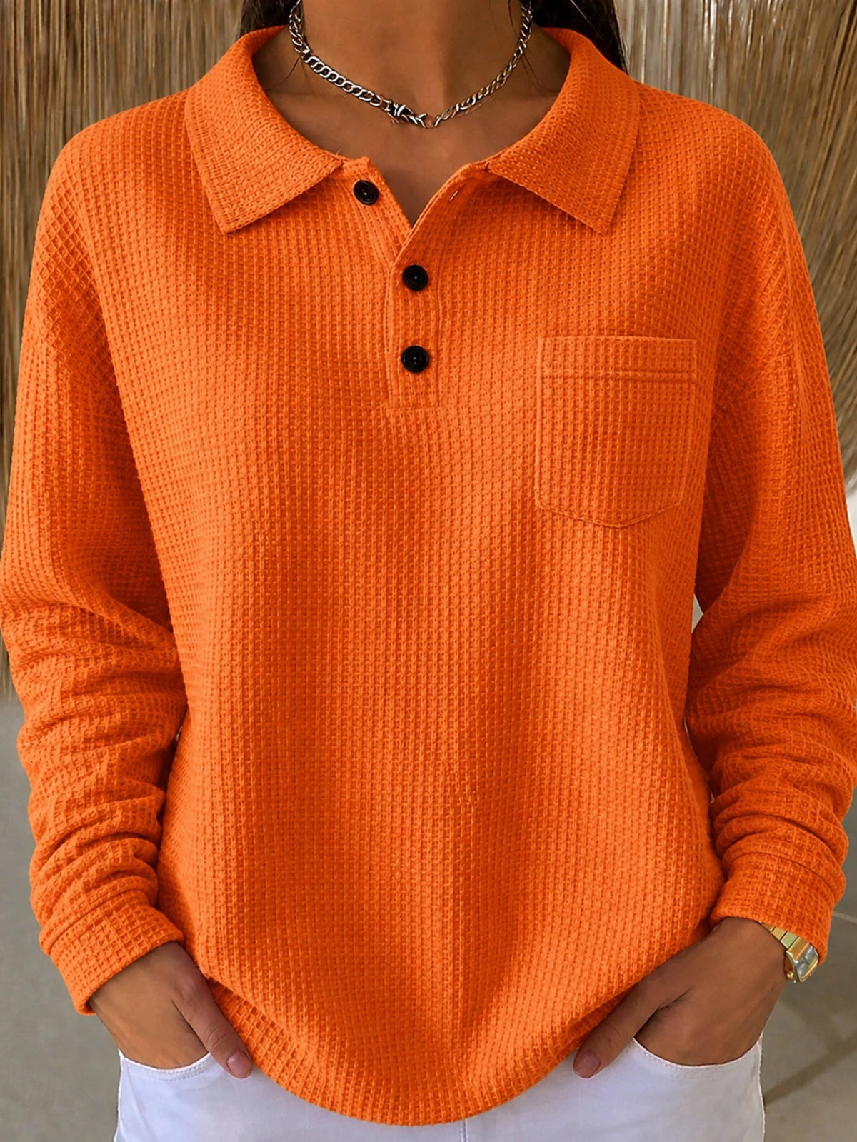 Women's Oversized Waffle Knit Collared Pocket Sweatshirt