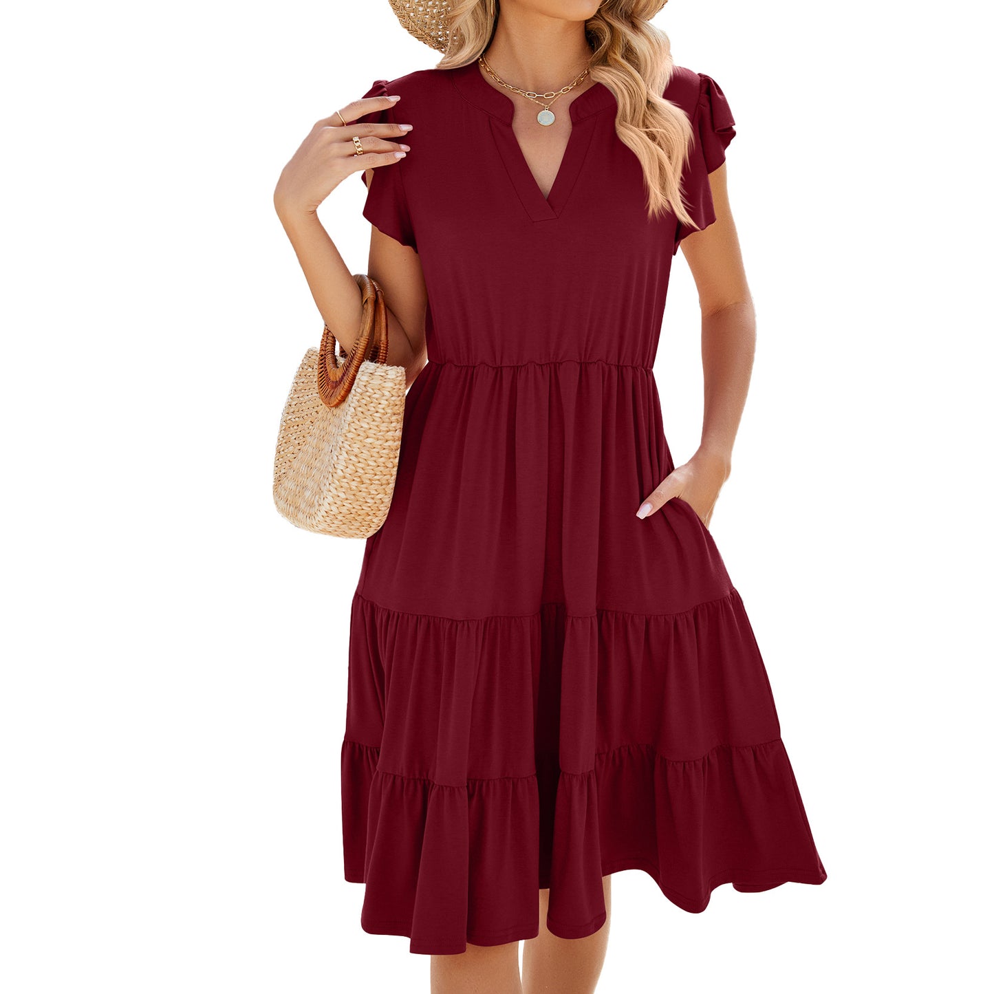 V-Neck Waist-Defined Short Sleeve Colorblock Dress