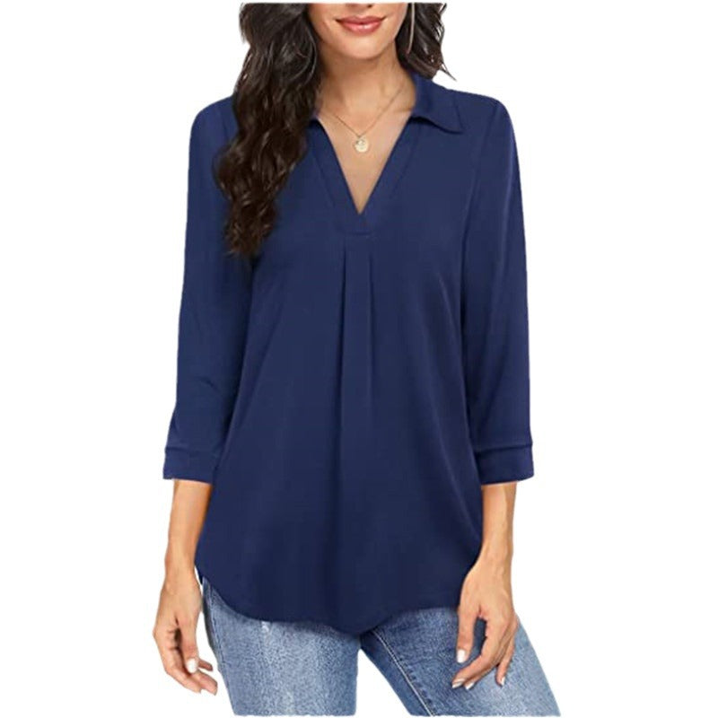 Women's V Neck Chiffon Blouse 3/4 Sleeve Loose Button Top