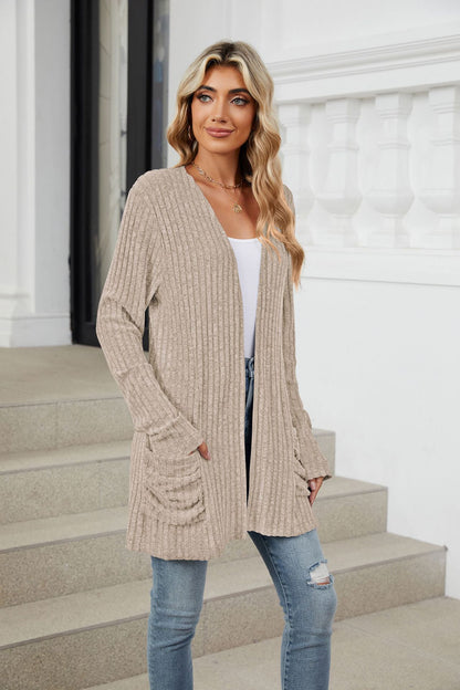 Simple Pocketed Long Sleeve Cardigan Knit Top