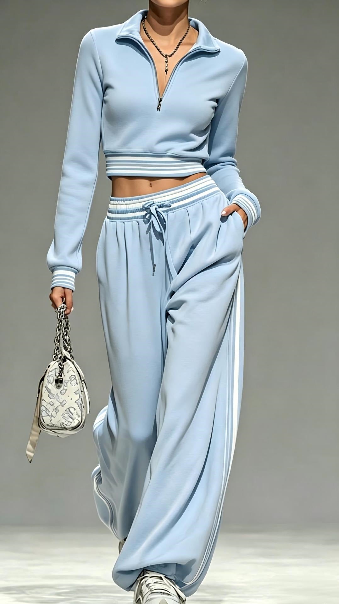 Women Two Piece Sweatsuit Crop Top Wide Leg Sweatpants Set