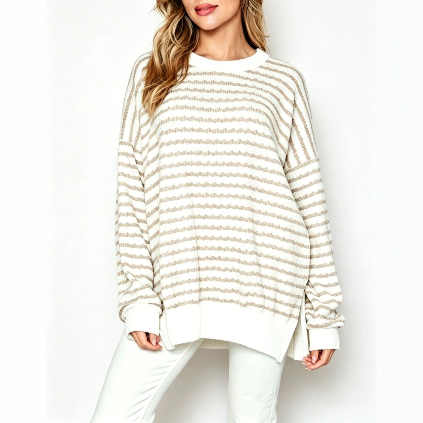 Oversized Stripe Knit Sweater Crew Neck Side Slit Pullover
