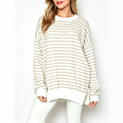 Oversized Stripe Knit Sweater Crew Neck Side Slit Pullover