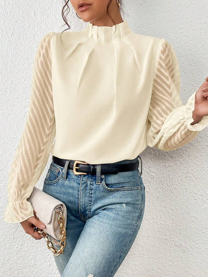 Semi-Turtleneck Spliced Wavy Chiffon Long-Sleeve Top