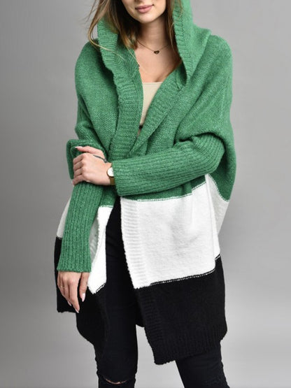 Women's Oversized Hooded Color Block Cardigan Open Front