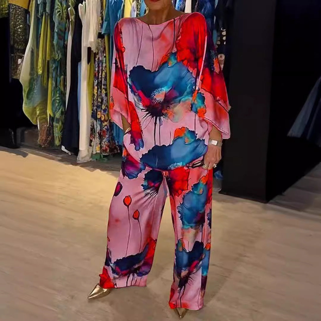 Women's Satin Floral Batwing Wide Leg Pants Set
