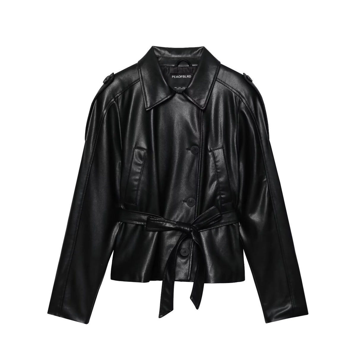 Women's Faux Leather Belted Cropped Lapel Jacket